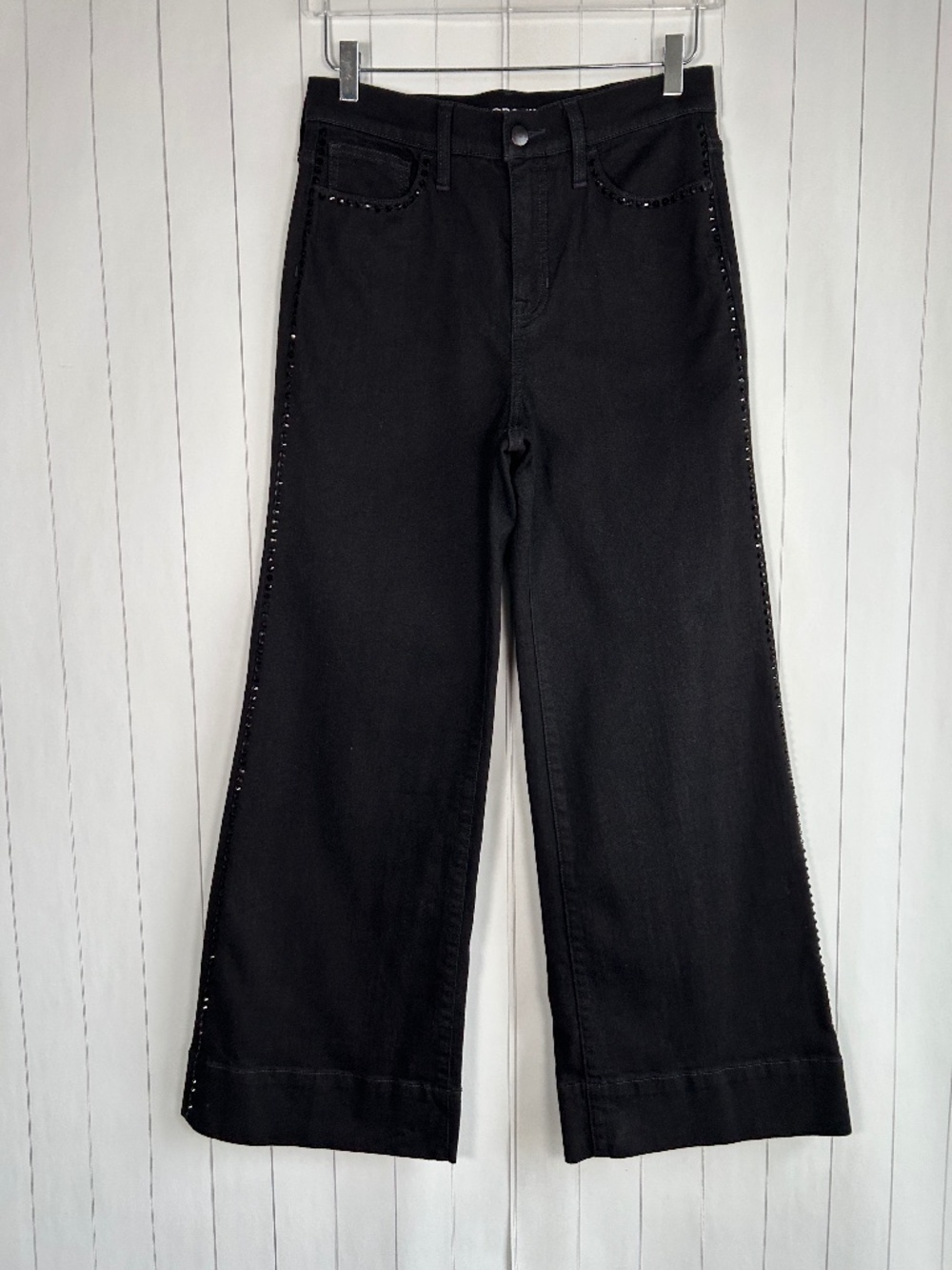 J. Crew women size 27P ‘96 denim trouser black wide leg embellished high rise
